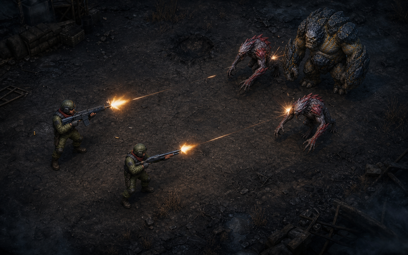 Two Overrun players firing at a rock tank and two rushing monsters