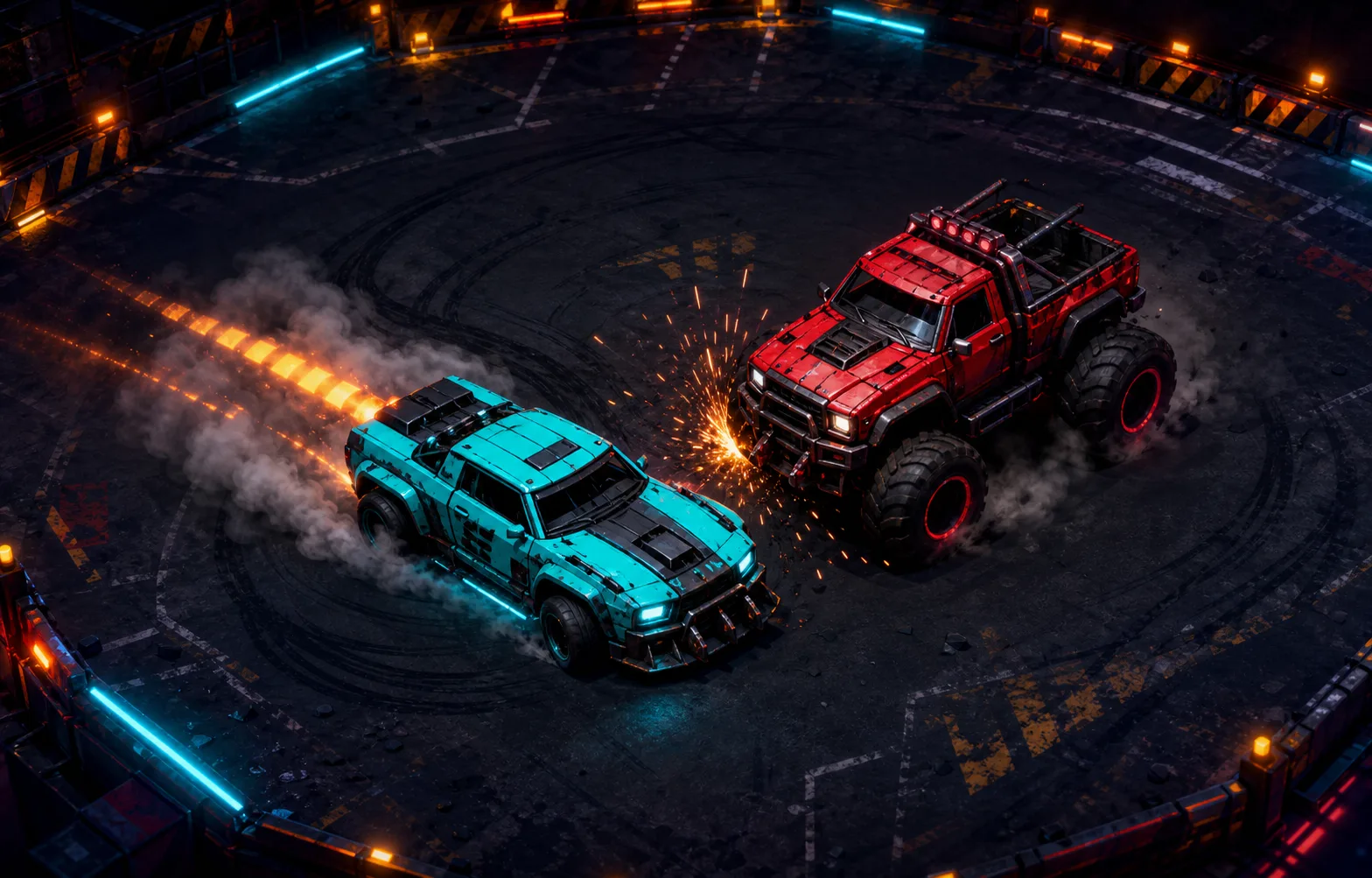 Road Madness demolition cars drifting in a neon derby pit